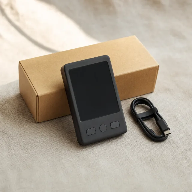 Un monedero físico junto a su caja y su cable USB sobre una superficie de lino