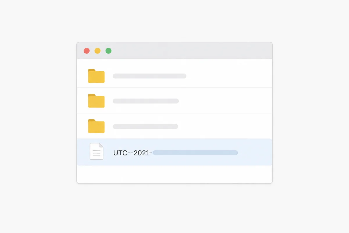 Una vista del administrador de archivos que muestra un archivo keystore UTC--, un archivo de clave de Ethereum cifrado