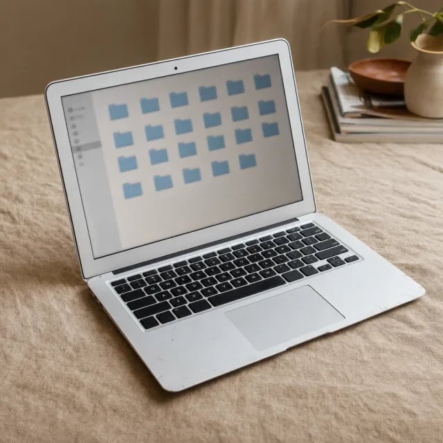 Portátil antiguo con software de monedero Un portátil antiguo con carcasa de aluminio gastada sobre una superficie de lino